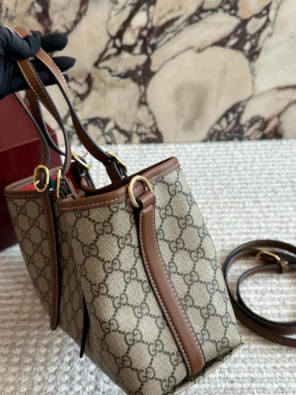 Gucci Beige GG Supreme Canvas Tote with Black Trim and Green-Red Webbing